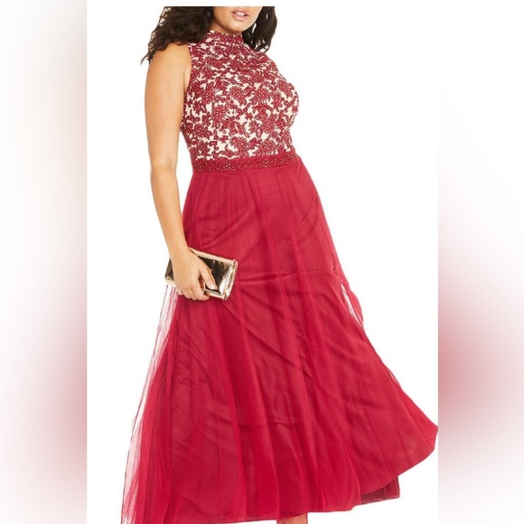 Women’s Formal Dress Plus Size 16W, 18W, 20W CITY STUDIO Sheer Red Fit & Flare - Picture 7 of 16